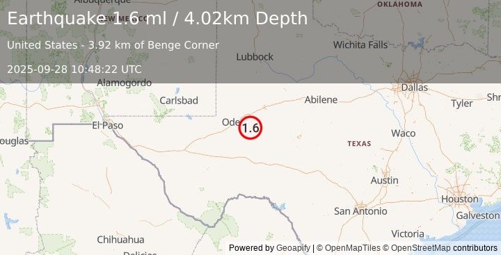 Earthquake 34 km SSE of Midland, Texas (1.6 ml) (2025-09-28 10:48:22 UTC)