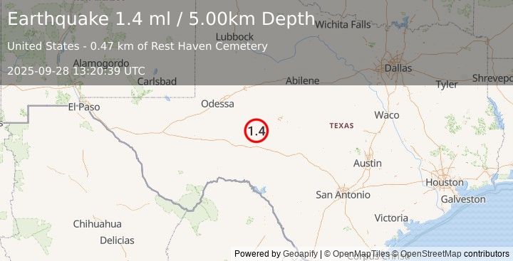Earthquake 28 km ESE of Big Lake, Texas (1.4 ml) (2025-09-28 13:20:39 UTC)