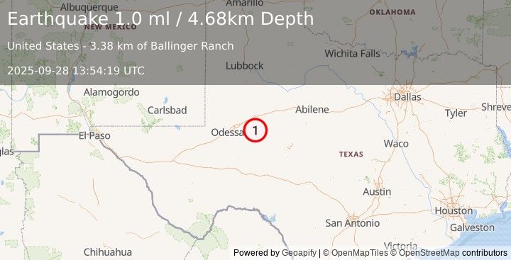 Earthquake 4 km NNW of Garden City, Texas (1.0 ml) (2025-09-28 13:54:19 UTC)