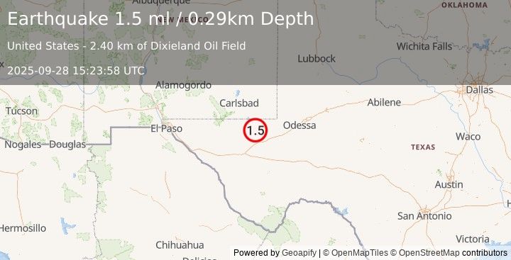 Earthquake 12 km W of Mentone, Texas (1.5 ml) (2025-09-28 15:23:58 UTC)