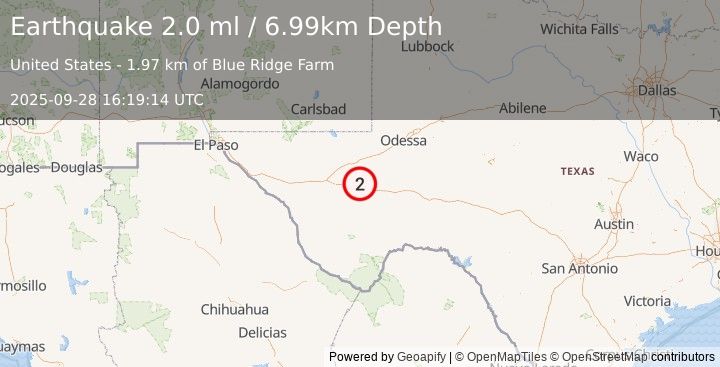 Earthquake 34 km SW of Coyanosa, Texas (2.0 ml) (2025-09-28 16:19:14 UTC)