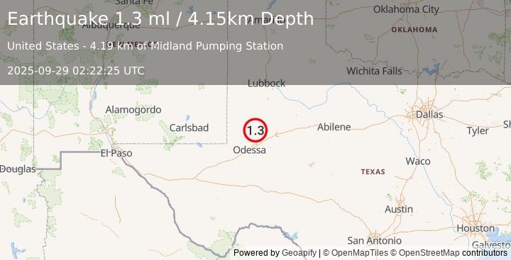 Earthquake 33 km E of McKinney Acres, Texas (1.3 ml) (2025-09-29 02:22:25 UTC)