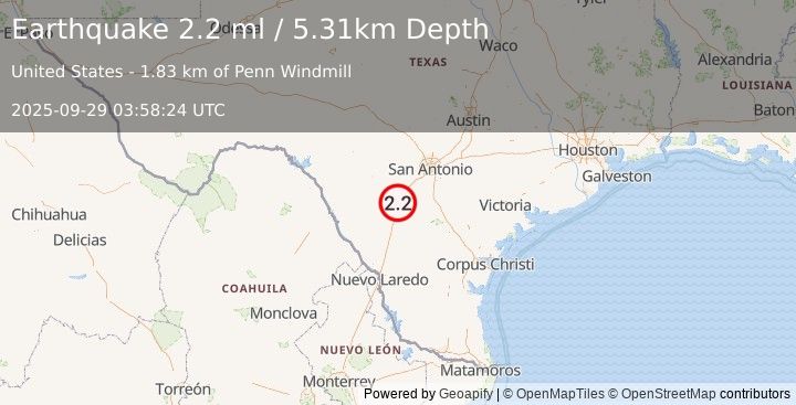 Earthquake 7 km SSW of West Pearsall, Texas (2.2 ml) (2025-09-29 03:58:24 UTC)