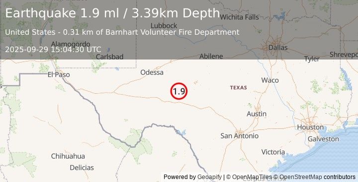 Earthquake 28 km ESE of Big Lake, Texas (1.9 ml) (2025-09-29 15:04:30 UTC)