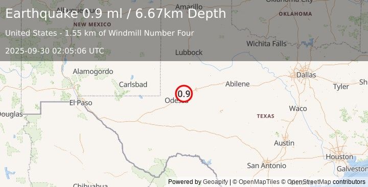 Earthquake 10 km NNE of Midland, Texas (0.9 ml) (2025-09-30 02:05:06 UTC)