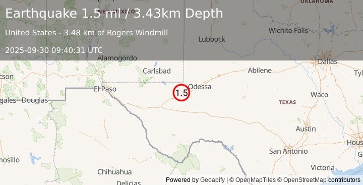 Earthquake 10 km NNW of Pyote, Texas (1.5 ml) (2025-09-30 09:40:31 UTC)