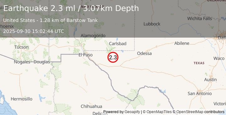 Earthquake 66 km NNE of Van Horn, Texas (2.3 ml) (2025-09-30 15:02:44 UTC)