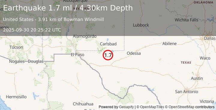 Earthquake 50 km SSE of Whites City, New Mexico (1.7 ml) (2025-09-30 20:25:22 UTC)