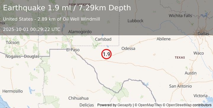 Earthquake 26 km NW of Toyah, Texas (1.9 ml) (2025-10-01 00:29:22 UTC)
