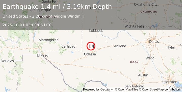 Earthquake 28 km ENE of McKinney Acres, Texas (1.4 ml) (2025-10-01 03:00:06 UTC)