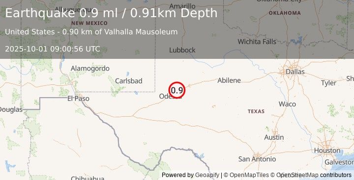 Earthquake 8 km N of Midland, Texas (0.9 ml) (2025-10-01 09:00:56 UTC)