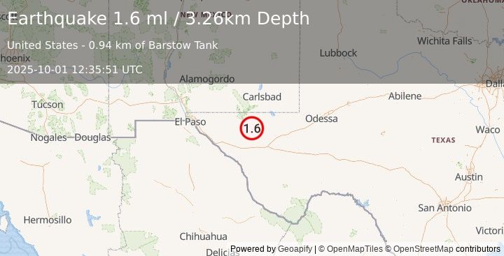 Earthquake 66 km NNE of Van Horn, Texas (1.6 ml) (2025-10-01 12:35:51 UTC)