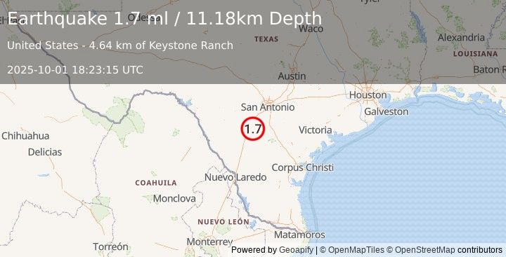 Earthquake 14 km ESE of Pearsall, Texas (1.7 ml) (2025-10-01 18:23:15 UTC)