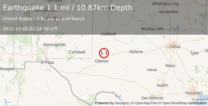 Earthquake 32 km E of McKinney Acres, Texas (1.1 ml) (2025-10-02 02:24:28 UTC)