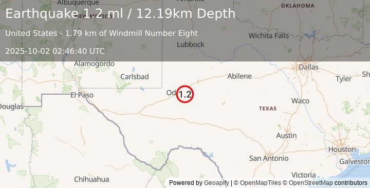 Earthquake 22 km S of Midland, Texas (1.2 ml) (2025-10-02 02:46:40 UTC)
