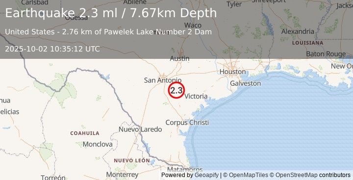 Earthquake 14 km ENE of Falls City, Texas (2.3 ml) (2025-10-02 10:35:12 UTC)