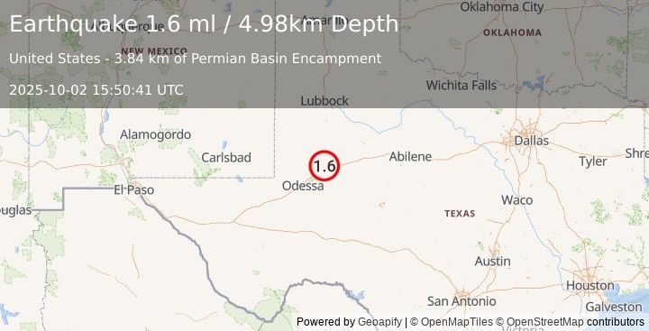 Earthquake 9 km SSW of Stanton, Texas (2.3 ml) (2025-10-02 15:50:39 UTC)