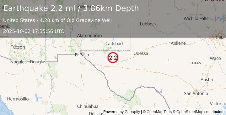 Earthquake 57 km WNW of Toyah, Texas (2.2 ml) (2025-10-02 17:35:56 UTC)