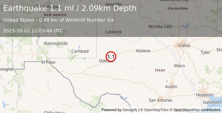 Earthquake 12 km NNE of Midland, Texas (1.1 ml) (2025-10-02 22:03:44 UTC)