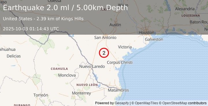 Earthquake 3 km SSW of Pearsall, Texas (1.9 ml) (2025-10-03 01:14:45 UTC)