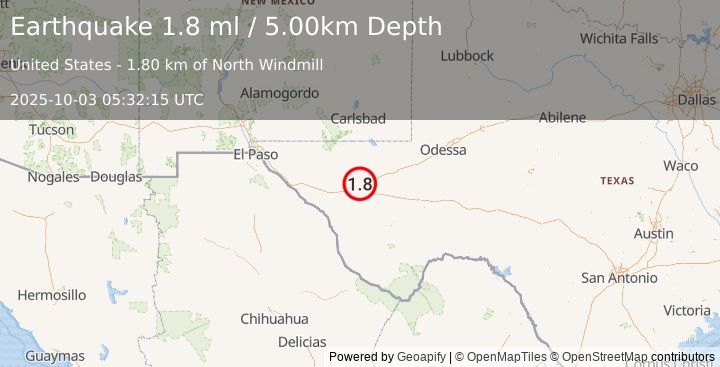 Earthquake 44 km NW of Toyah, Texas (0.6 ml) (2025-10-03 05:32:21 UTC)