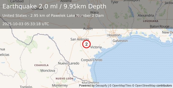 Earthquake 15 km ENE of Falls City, Texas (2.0 ml) (2025-10-03 05:33:18 UTC)