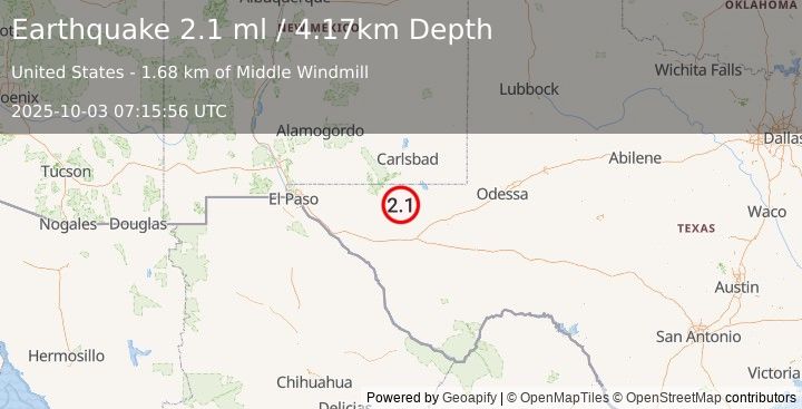 Earthquake 57 km S of Whites City, New Mexico (2.1 ml) (2025-10-03 07:15:56 UTC)