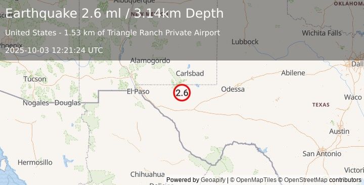 Earthquake 54 km SSW of Whites City, New Mexico (2.6 ml) (2025-10-03 12:21:24 UTC)