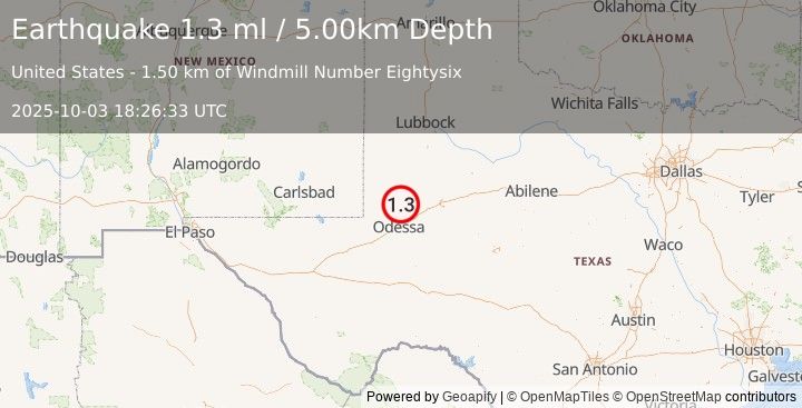 Earthquake 21 km ESE of McKinney Acres, Texas (1.3 ml) (2025-10-03 18:26:33 UTC)