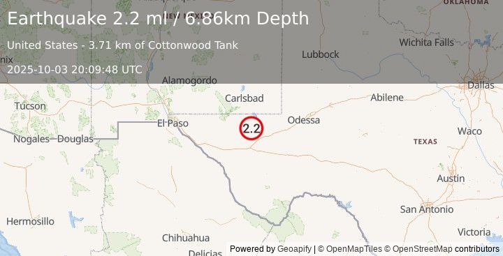 Earthquake 40 km WSW of Mentone, Texas (2.2 ml) (2025-10-03 20:09:48 UTC)
