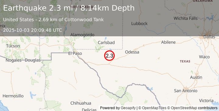 Earthquake 39 km WSW of Mentone, Texas (2.3 ml) (2025-10-03 20:09:48 UTC)