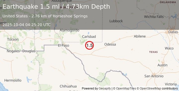 Earthquake 50 km SSE of Whites City, New Mexico (1.5 ml) (2025-10-04 04:25:20 UTC)