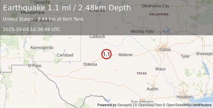 Earthquake 19 km NW of Westbrook, Texas (1.1 ml) (2025-10-04 10:36:49 UTC)