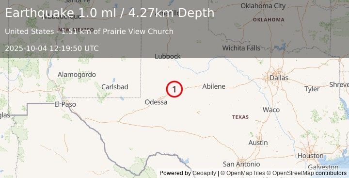 Earthquake 10 km NNW of Big Spring, Texas (1.0 ml) (2025-10-04 12:19:50 UTC)