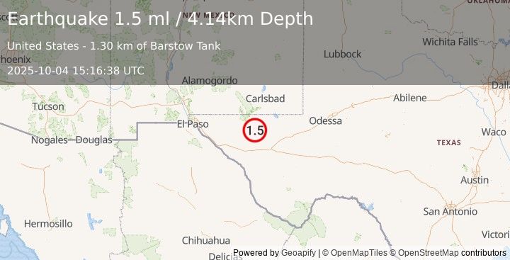 Earthquake 66 km SSW of Whites City, New Mexico (1.5 ml) (2025-10-04 15:16:38 UTC)