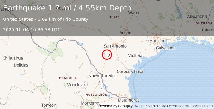 Earthquake 3 km SSW of Pearsall, Texas (1.7 ml) (2025-10-04 16:36:58 UTC)