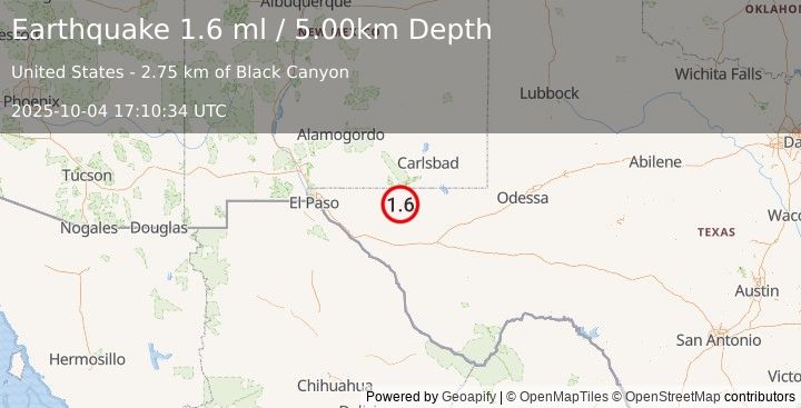 Earthquake 45 km ESE of Dell City, Texas (1.6 ml) (2025-10-04 17:10:34 UTC)