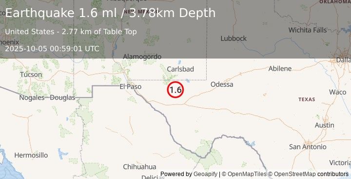 Earthquake 59 km S of Whites City, New Mexico (1.6 ml) (2025-10-05 00:59:01 UTC)