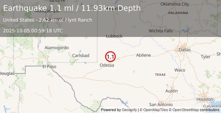 Earthquake 39 km NW of Stanton, Texas (1.1 ml) (2025-10-05 00:59:18 UTC)