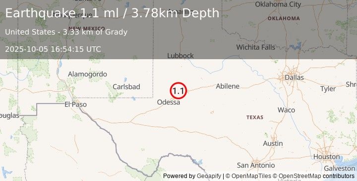 Earthquake 20 km NW of Stanton, Texas (1.1 ml) (2025-10-05 16:54:15 UTC)
