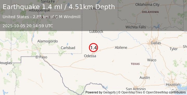 Earthquake 34 km SSW of Los Ybanez, Texas (1.4 ml) (2025-10-05 20:14:59 UTC)
