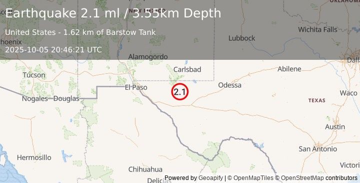 Earthquake 66 km SSW of Whites City, New Mexico (2.1 ml) (2025-10-05 20:46:21 UTC)