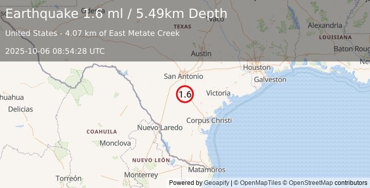 Earthquake 7 km SE of Christine, Texas (1.6 ml) (2025-10-06 08:54:27 UTC)