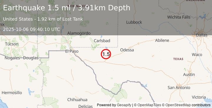Earthquake 32 km NNW of Toyah, Texas (1.5 ml) (2025-10-06 09:40:10 UTC)