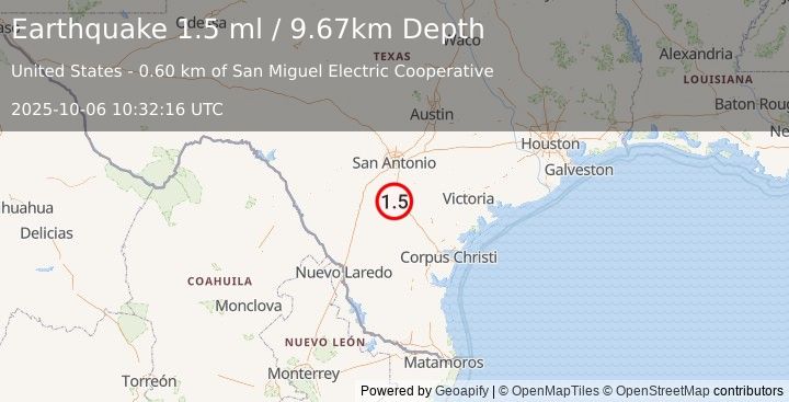 Earthquake 4 km S of Christine, Texas (1.5 ml) (2025-10-06 10:32:16 UTC)