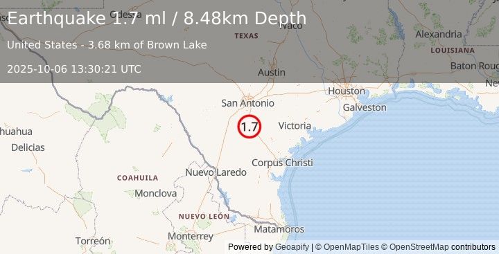 Earthquake 6 km SE of Christine, Texas (1.7 ml) (2025-10-06 13:30:21 UTC)