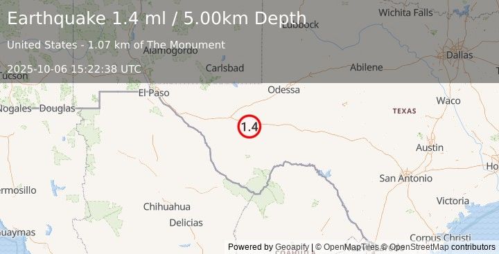 Earthquake 32 km ESE of Balmorhea, Texas (1.4 ml) (2025-10-06 15:22:38 UTC)