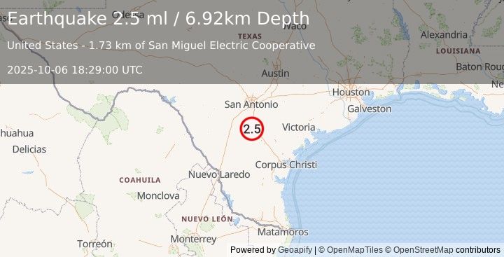 Earthquake 4 km SE of Christine, Texas (2.4 ml) (2025-10-06 18:28:58 UTC)