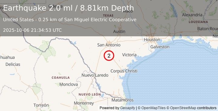 Earthquake 4 km SSE of Christine, Texas (2.0 ml) (2025-10-06 21:34:53 UTC)