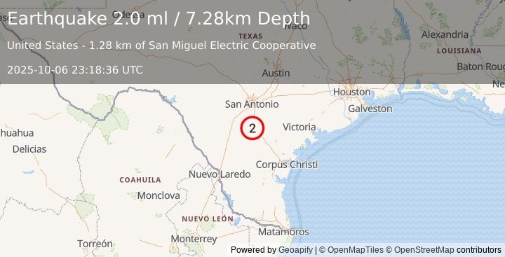 Earthquake 4 km SSE of Christine, Texas (2.0 ml) (2025-10-06 23:18:36 UTC)